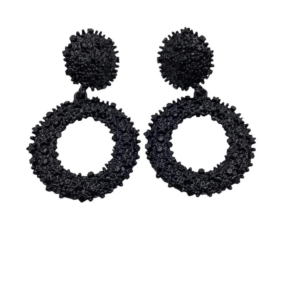 Matte Black Textured Hoop Drop Earrings Statement Geometric‎ Post Back Jewelry